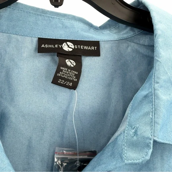 Ashley Stewart Blue Ruffle Sleeve Button Front Blouse Size 22/24 Plus NWT New - Picture 11 of 12